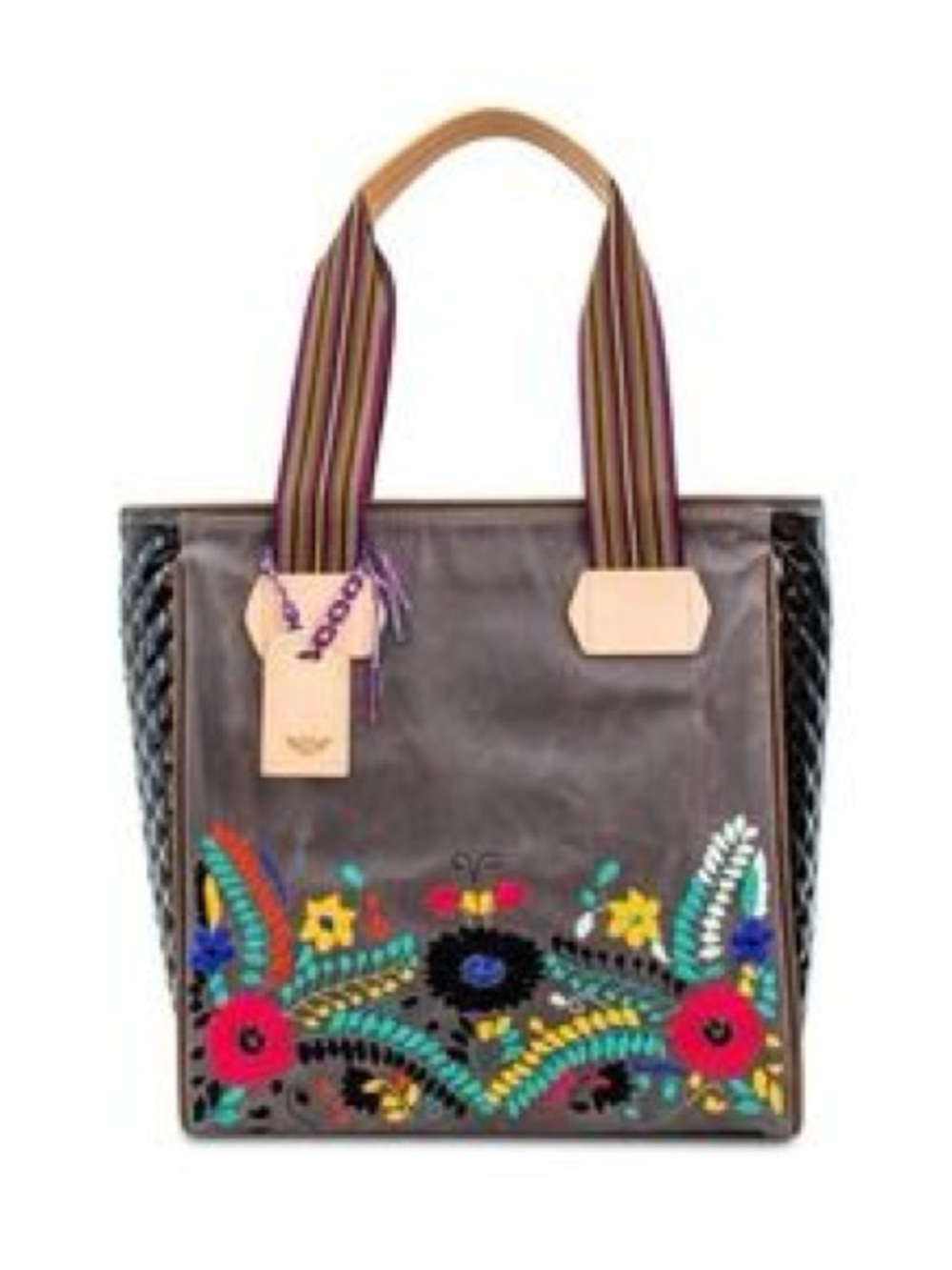 Consuela The Classic TiaFloral Embroidered Tote Bag in Black / Multicolor Strap
